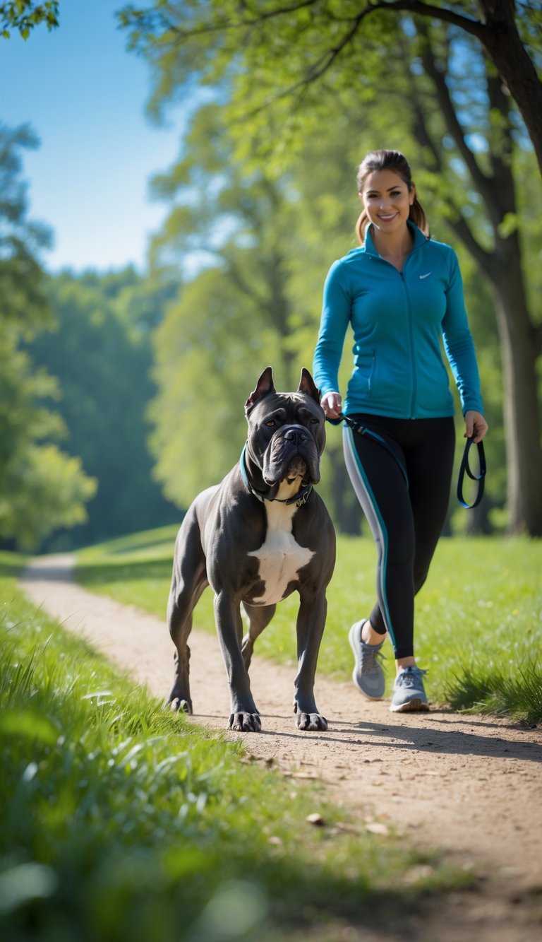 A person walking a Cane Corso dog on a leash along a green park trail on a sunny day.
