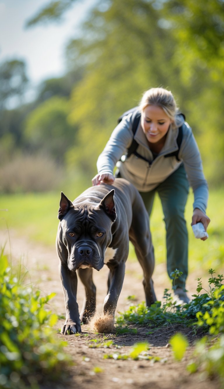 A Cane Corso dog sniffing the ground during a scent tracking exercise in a sunny outdoor park, with a person nearby encouraging the dog.
