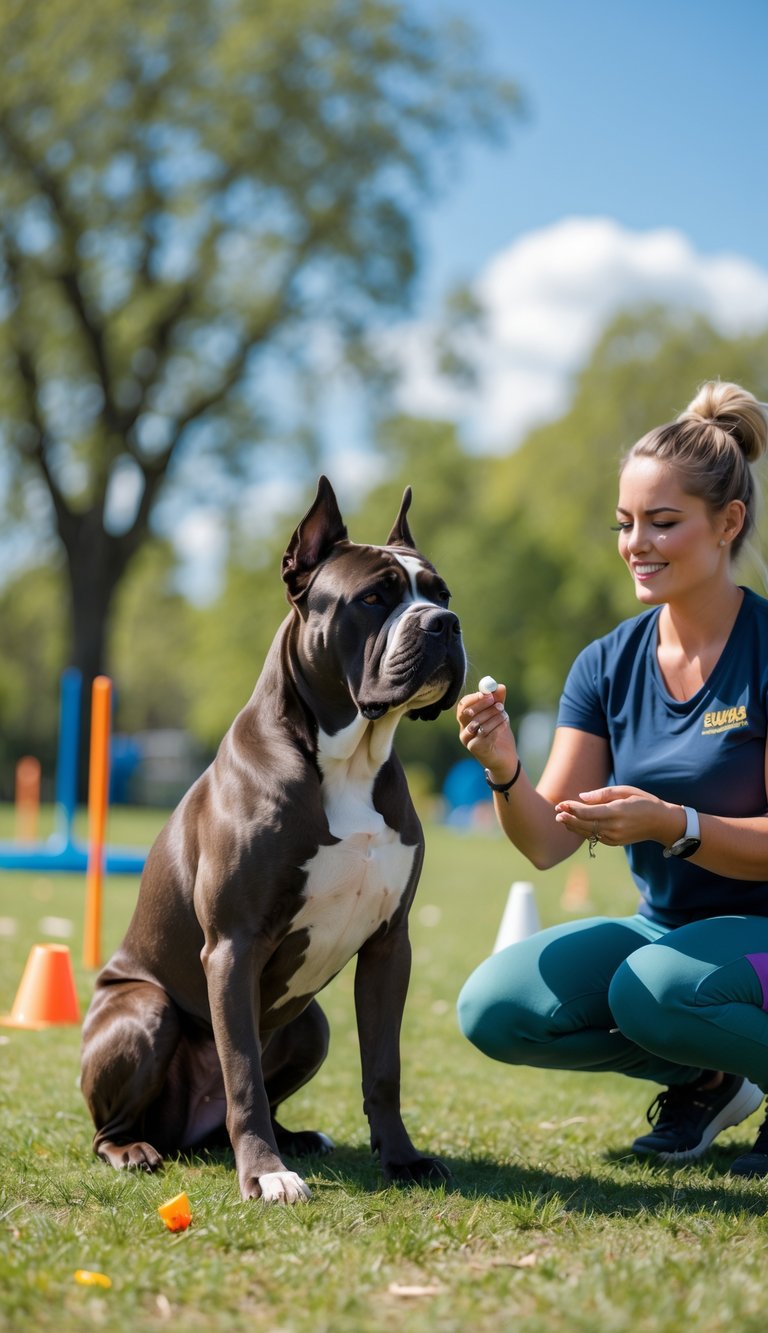 A Cane Corso dog sitting attentively in a park during obedience training with a young trainer holding a treat.