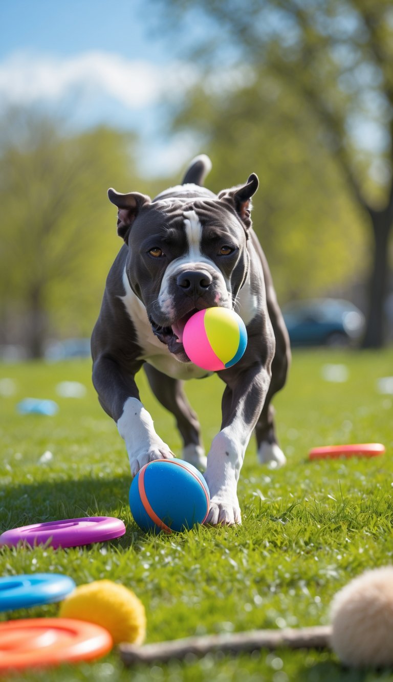 A Cane Corso dog outdoors in a grassy park holding a ball in its mouth with various fetch toys scattered around.