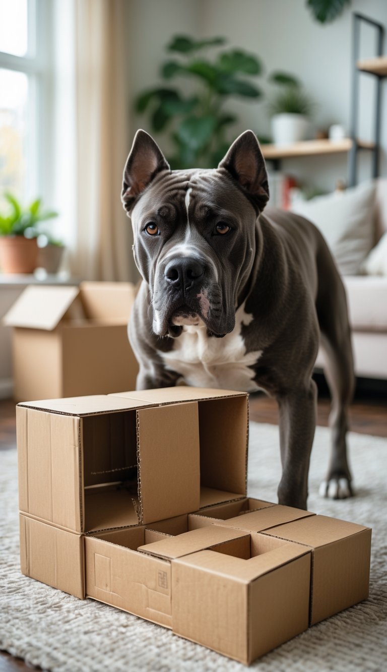 A Cane Corso dog interacting with a cardboard box puzzle in a living room.