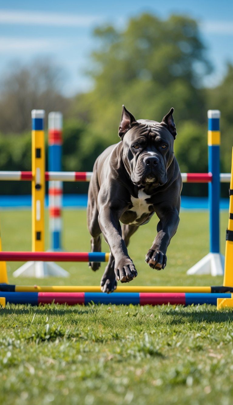 A Cane Corso dog actively running through an outdoor agility course with various obstacles in a green park.