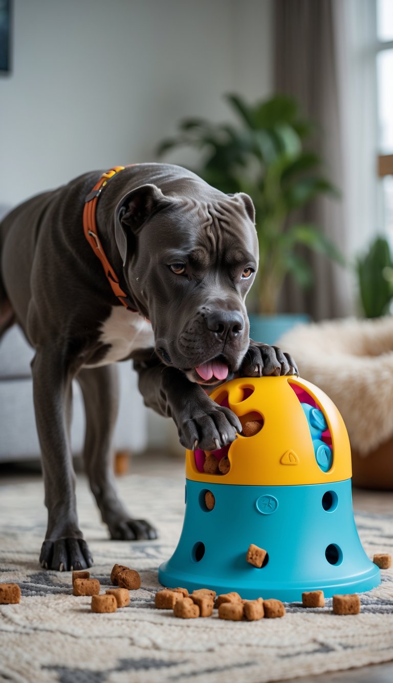 A Cane Corso dog playing with a food-dispensing toy indoors, focused and engaged.
