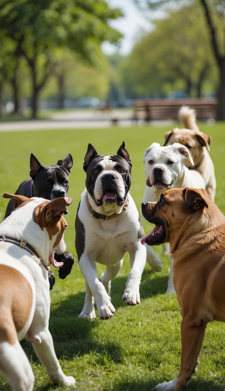 A Cane Corso dog playing and socializing with other dogs in a sunny park.