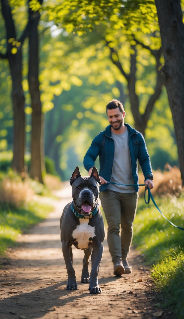 A Cane Corso dog walking with its owner on a forest path surrounded by trees and greenery.