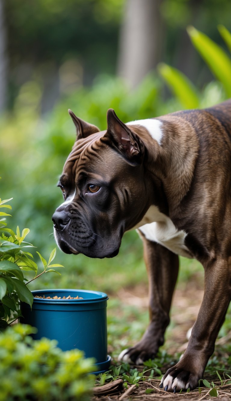 A Cane Corso dog sniffing near a hidden scent container outdoors in a green garden.