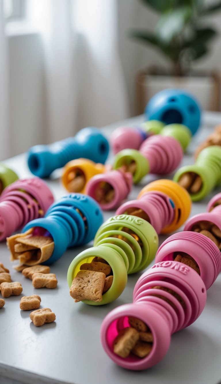 A collection of Kong dog toys filled with treats arranged on a surface.