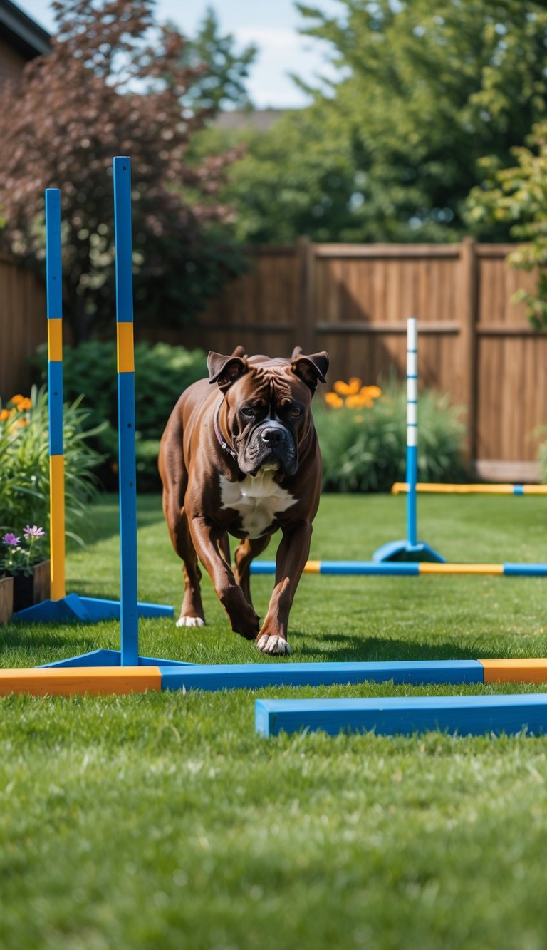 A Cane Corso dog running through an outdoor obstacle course in a green backyard.