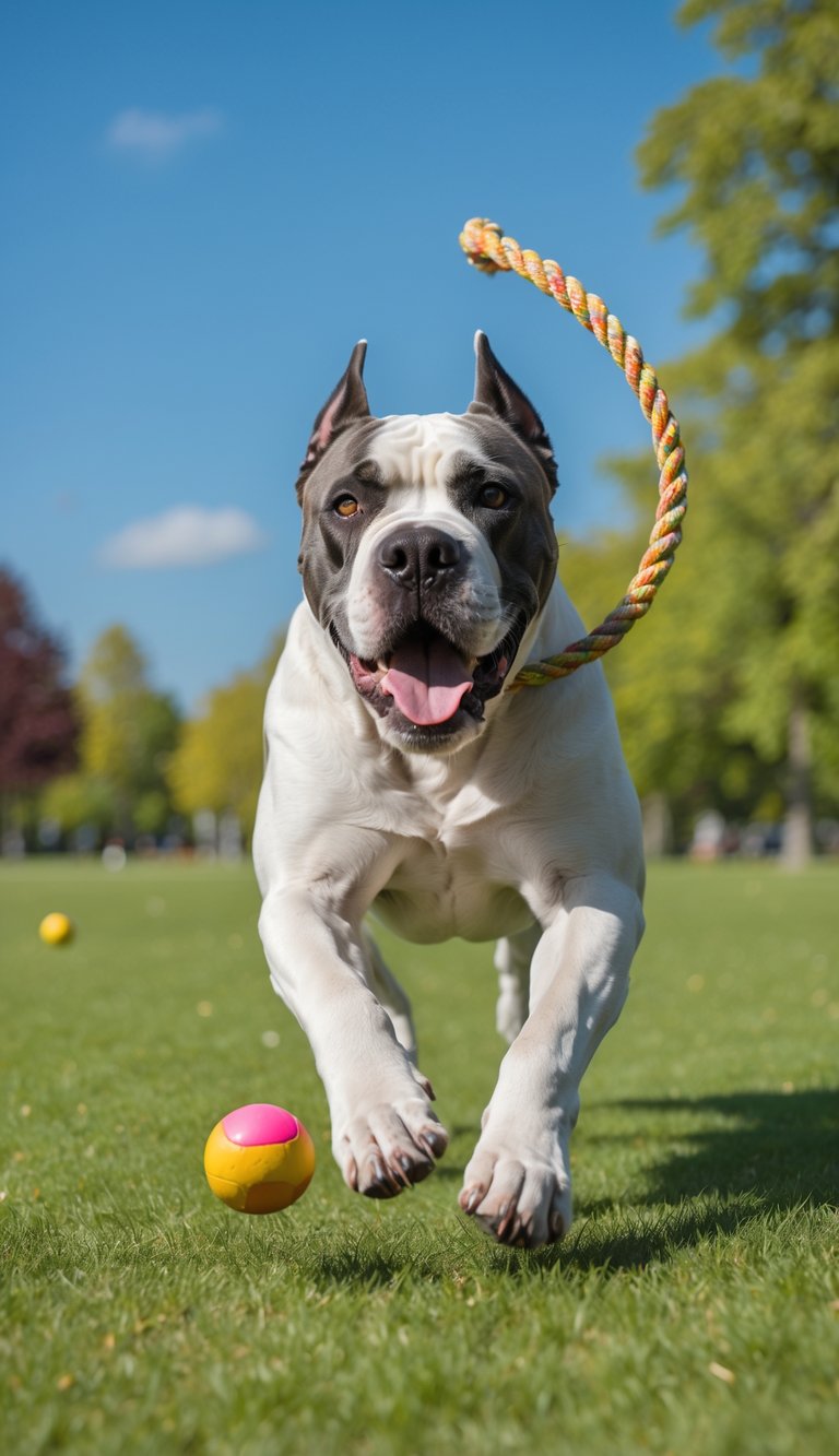 A Cane Corso dog playing outdoors in a sunny park, chasing a ball on green grass with trees in the background.
