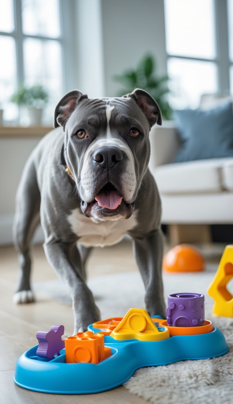 A Cane Corso dog playing with interactive puzzle toys in a bright living room.