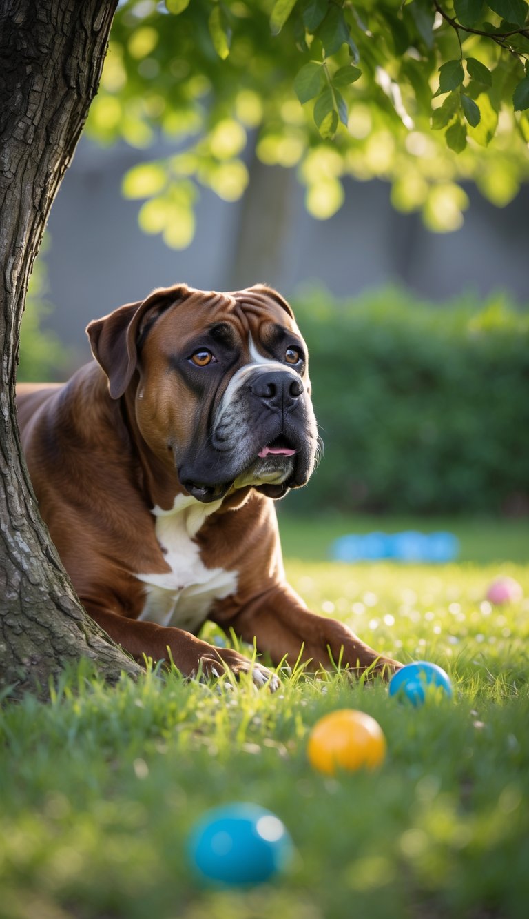 A Cane Corso dog peeking from behind a tree in a green outdoor setting during a hide-and-seek game.