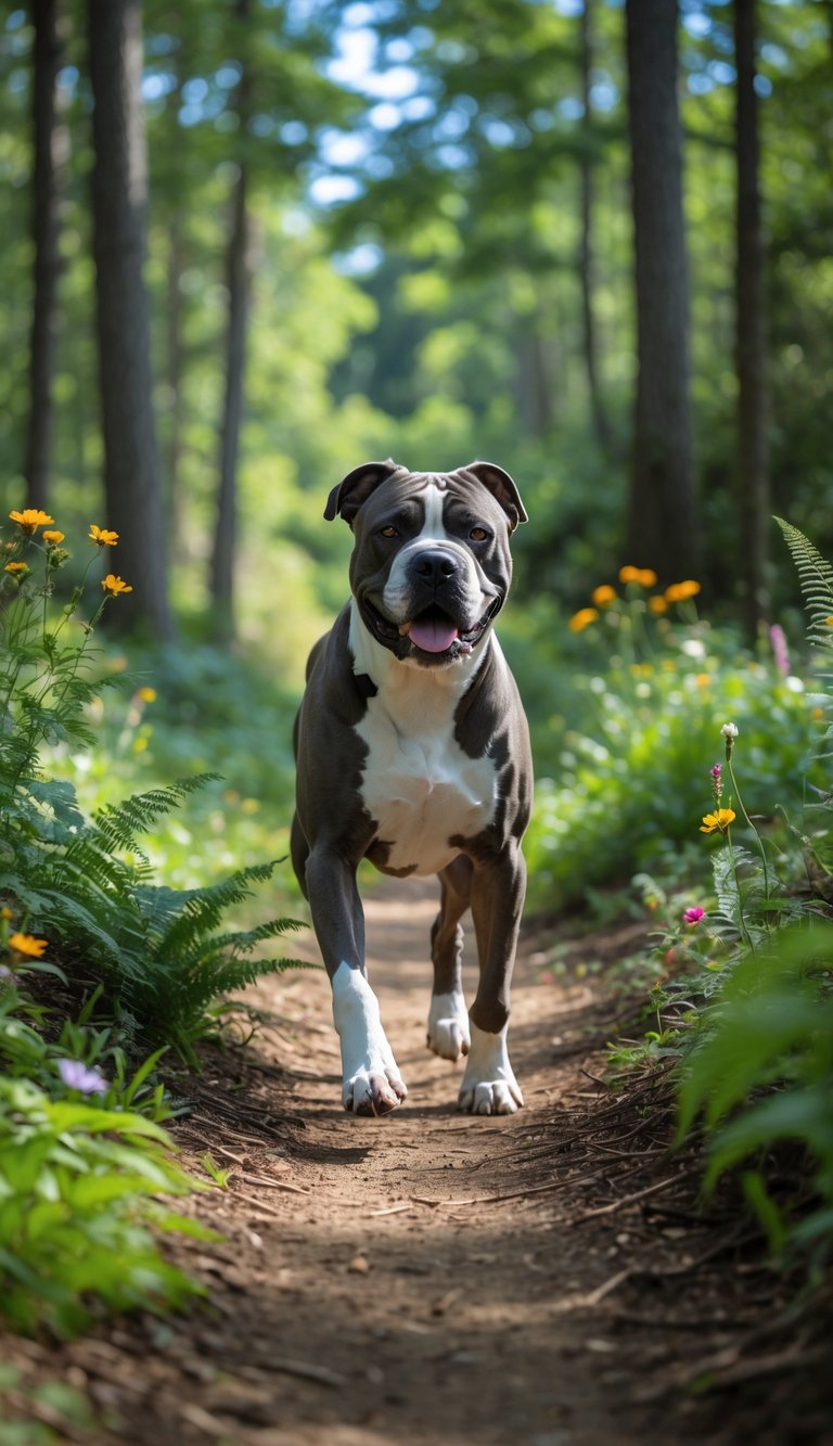 A Cane Corso dog walking happily along a green forest trail surrounded by trees and wildflowers.