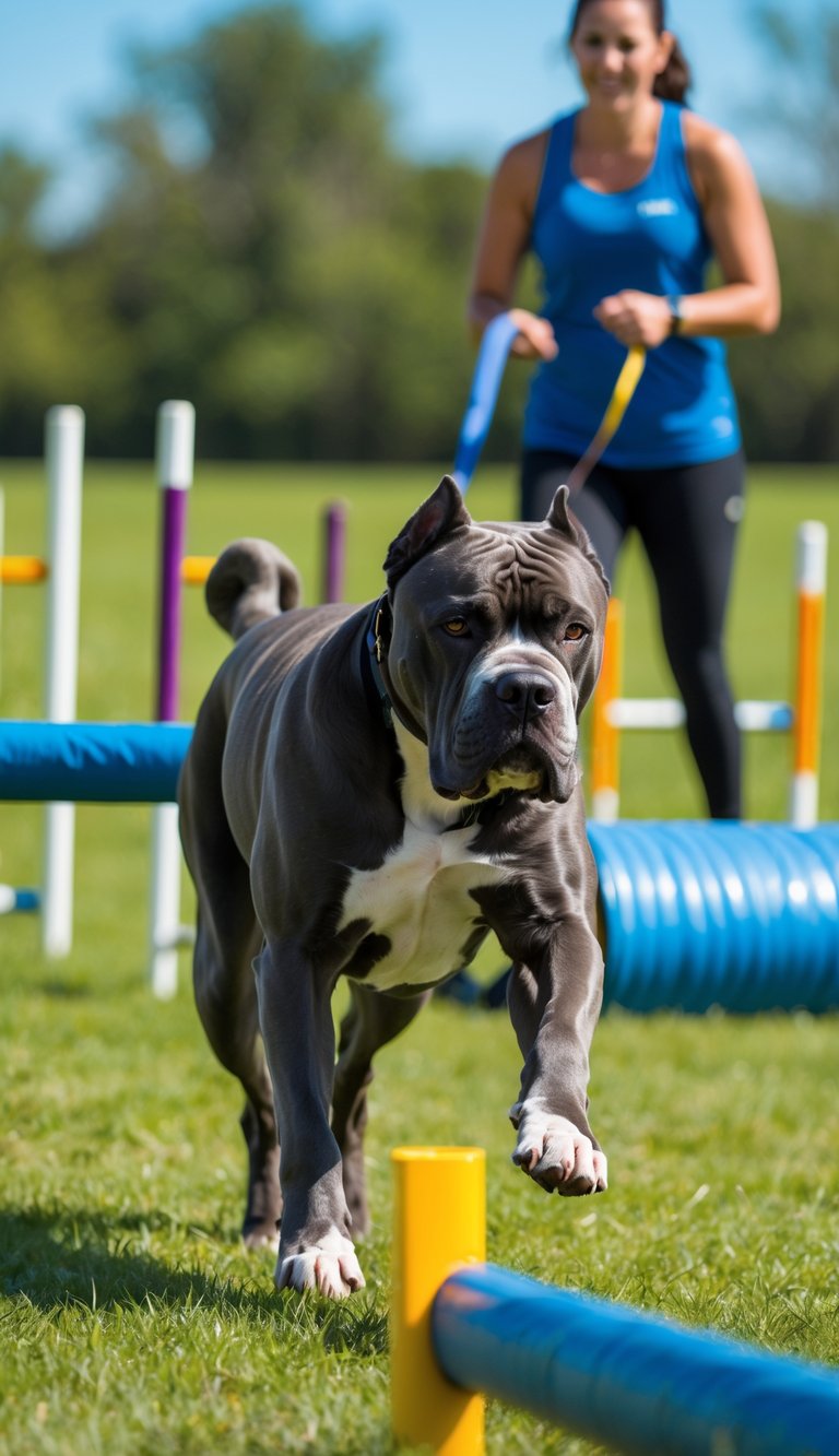 A Cane Corso dog running through an outdoor agility course with a trainer nearby on a grassy field.