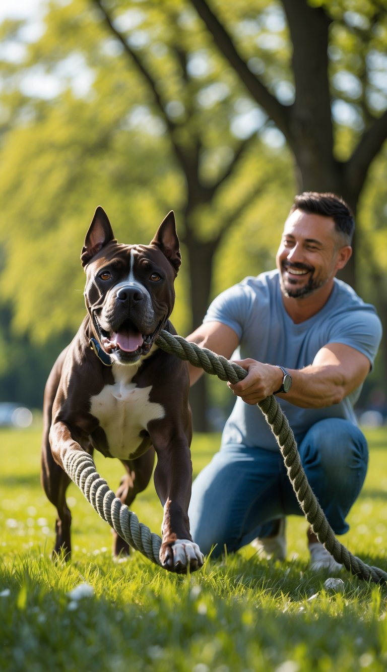 A Cane Corso dog and its owner playing tug-of-war with a rope toy in a sunny park.