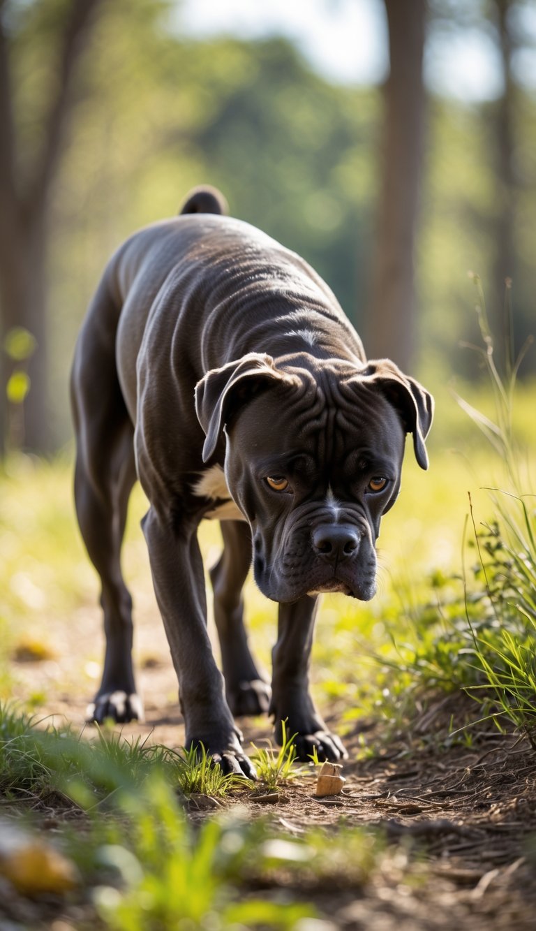 A Cane Corso dog sniffing the ground outdoors in a park or forest during a scent tracking activity.