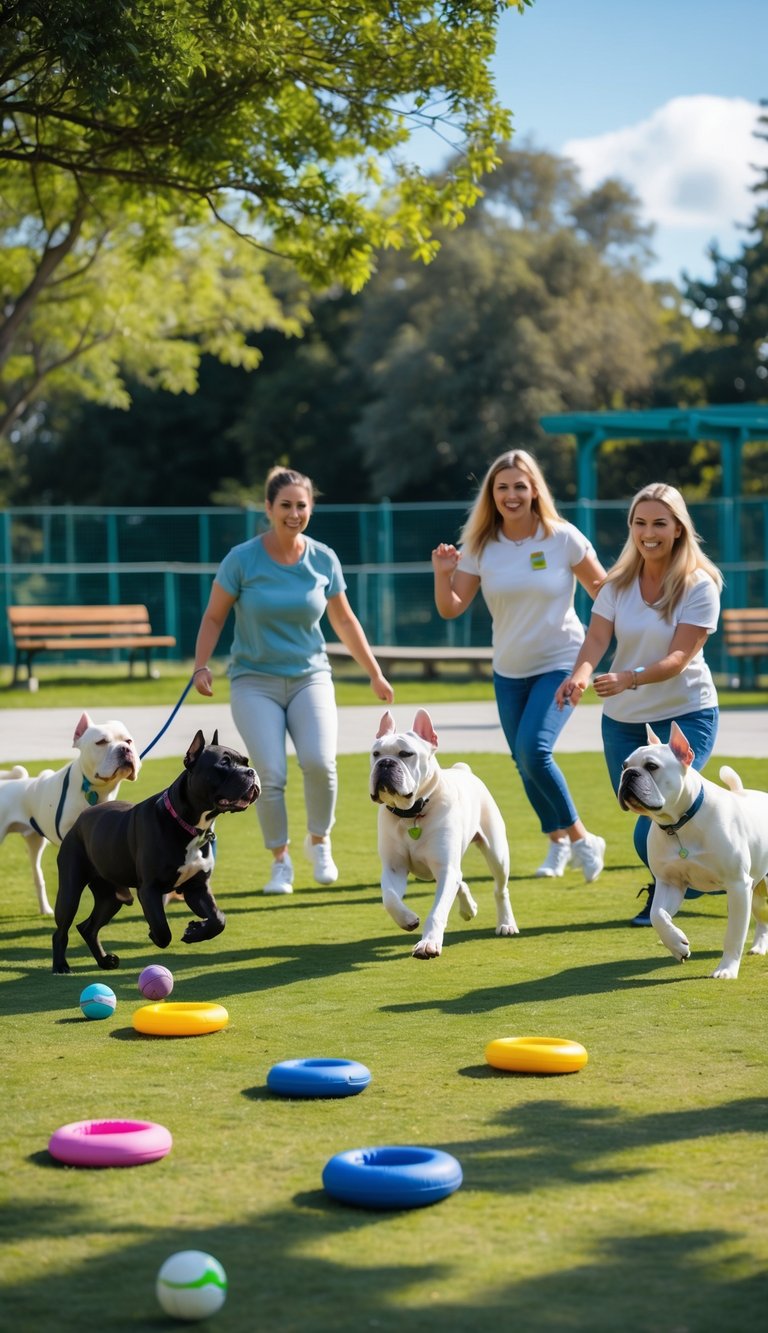 Several Cane Corso dogs playing and socializing in a fenced dog park with their owners nearby.