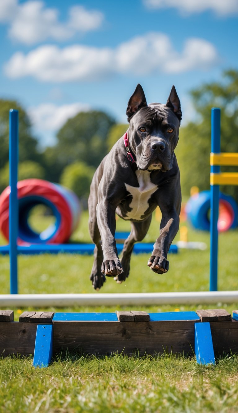 A Cane Corso dog jumping over a wooden hurdle on an outdoor obstacle course in a grassy park.