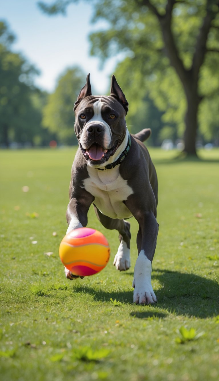 A Cane Corso dog running on grass, focused on retrieving a ball in an outdoor park.