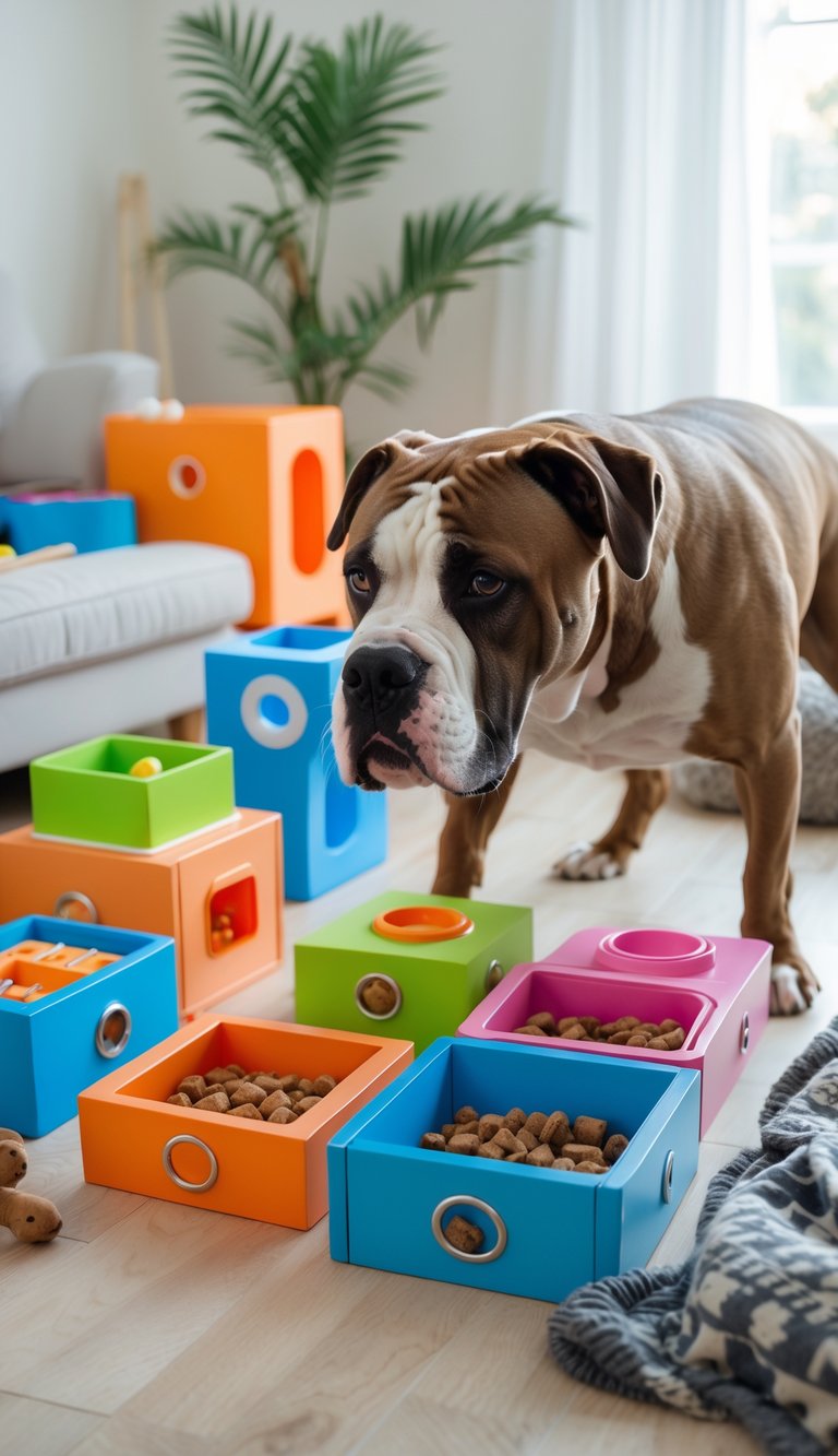 A Cane Corso dog playing with colorful enrichment boxes and interactive toys in a bright living room.