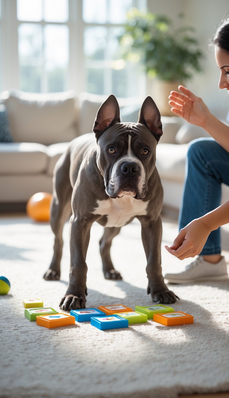 A Cane Corso dog focused on playing a memory recall game with colorful cards in a bright living room.
