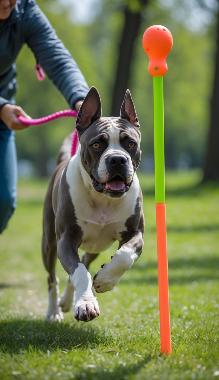 A Cane Corso dog chasing a flirt pole toy outdoors in a green park.