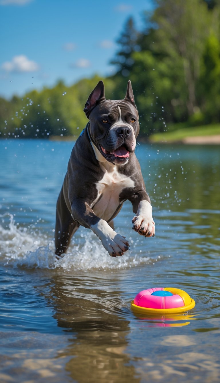 A Cane Corso dog playing fetch in shallow water on a sunny day near a lake surrounded by trees.