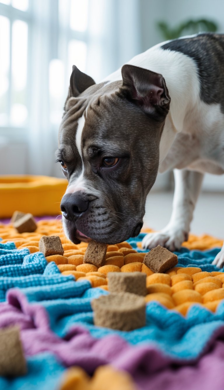 A Cane Corso dog sniffing and searching for treats in a colorful snuffle mat indoors.