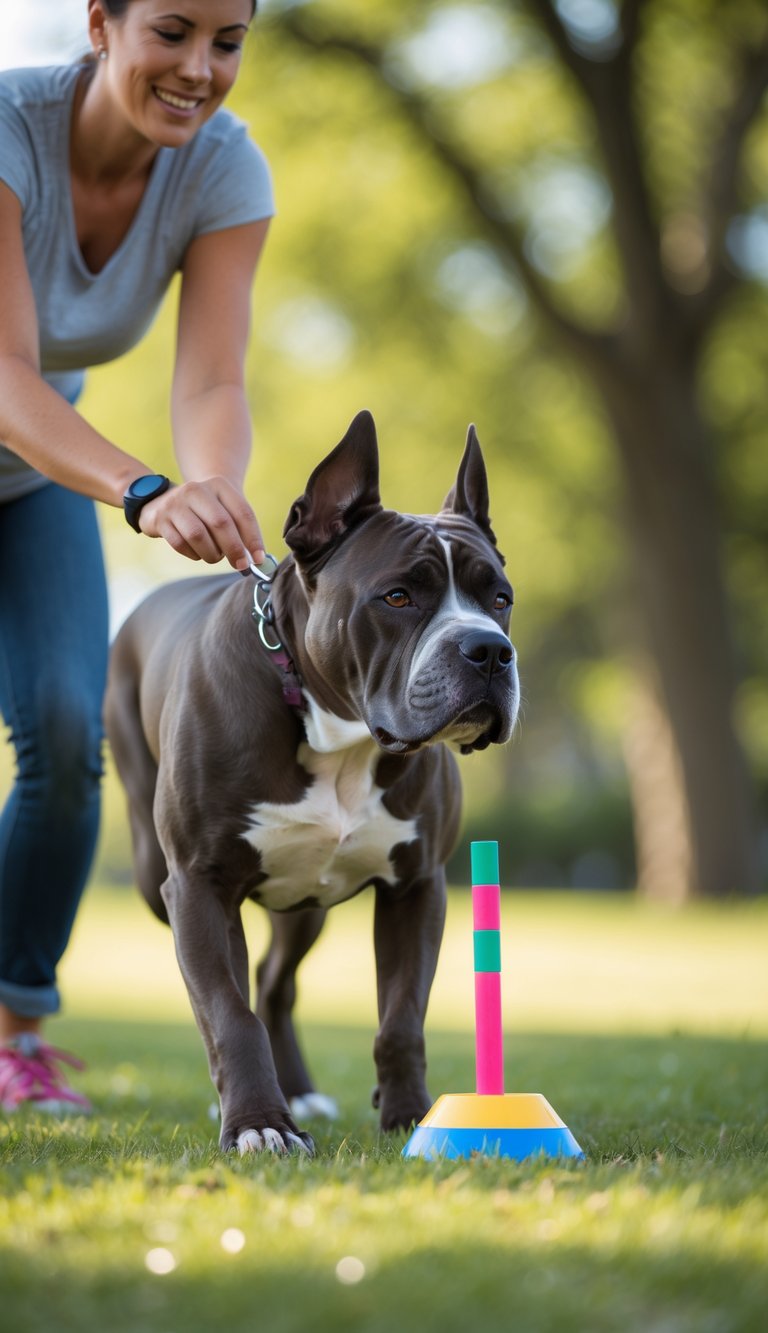 A Cane Corso dog touching a target stick held by a trainer in a green park.