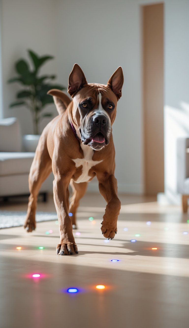 A Cane Corso dog playing indoors with colorful laser pointer dots on the floor and walls.
