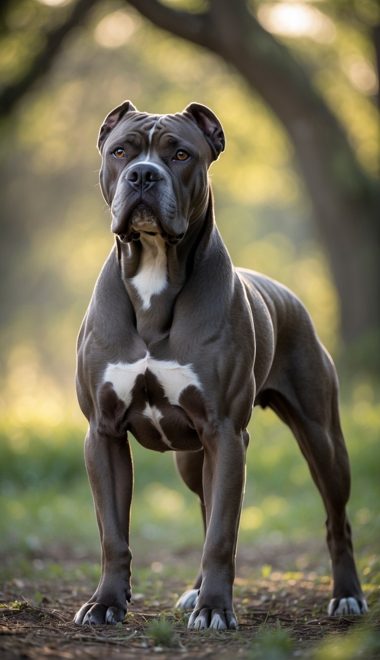 A Cane Corso dog standing outdoors with a blurred green background, looking alert and proud.