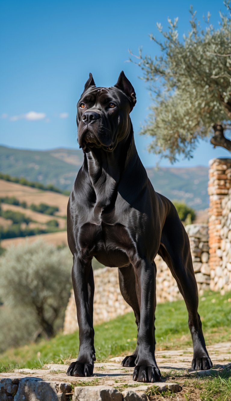 A black Cane Corso dog standing alert in a countryside with hills and stone walls in the background.