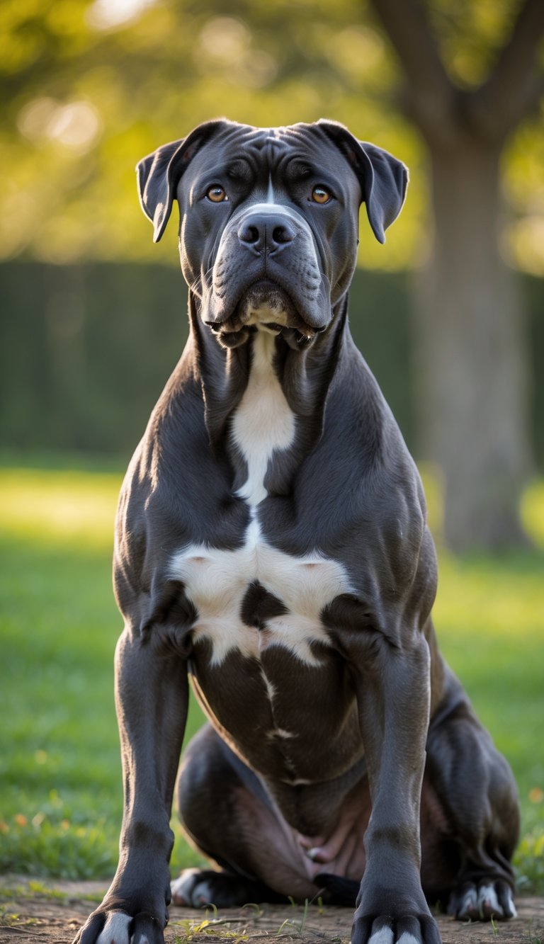 A large Cane Corso dog sitting calmly outdoors in a green garden, looking attentive and gentle.