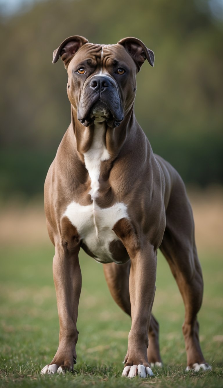 A muscular adult male Cane Corso dog standing on grass outdoors, looking alert and confident.