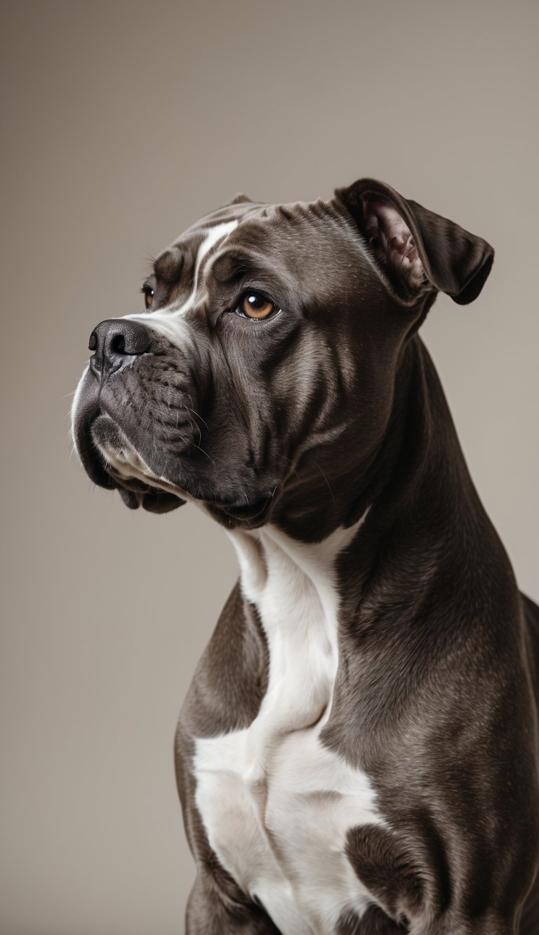 Close-up of a Cane Corso dog showing its large, broad head and muscular features against a neutral background.