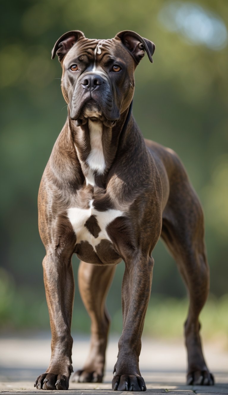 A brindle Cane Corso dog standing outdoors with a blurred green background, looking attentive.