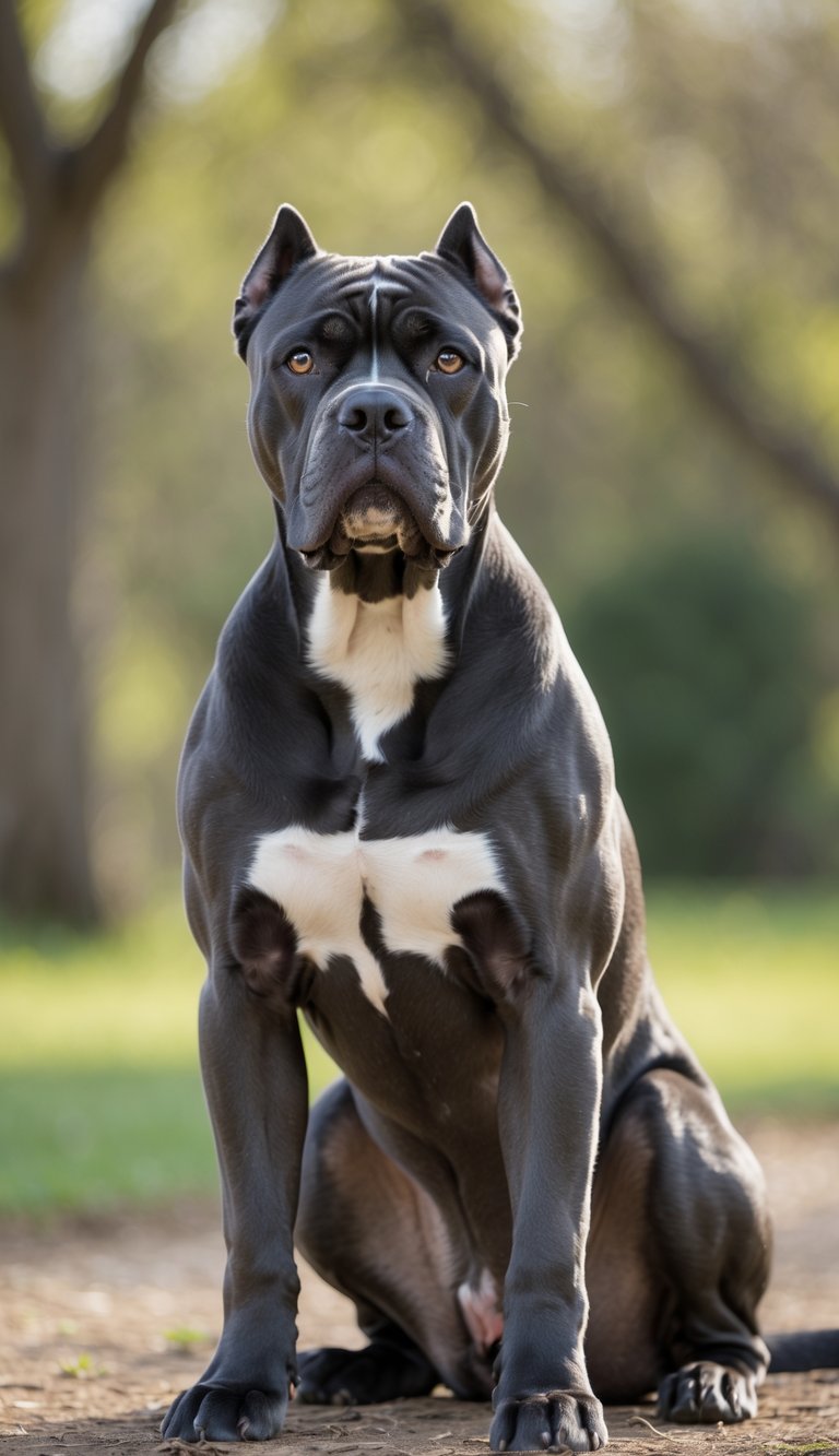 A Cane Corso dog sitting attentively outdoors with a focused expression.