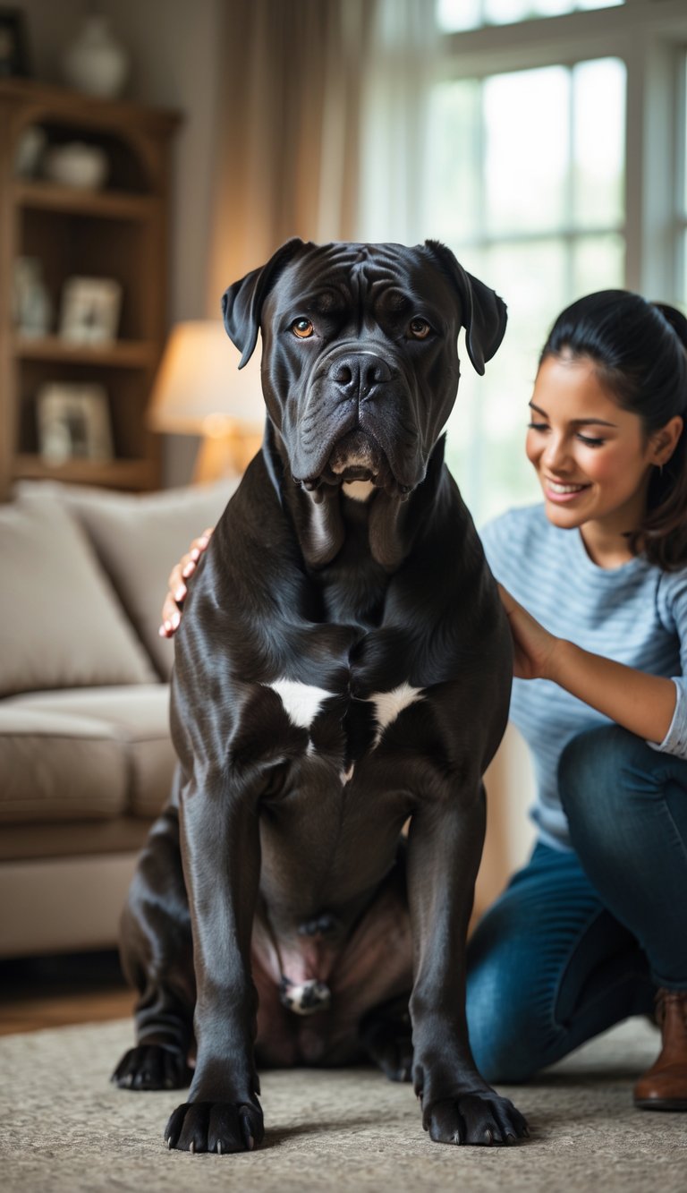 A Cane Corso dog sitting attentively in a living room while a family member gently pets it, showing a close bond.