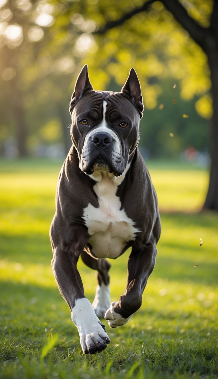 A Cane Corso dog running and playing in a green park with trees and sunlight.