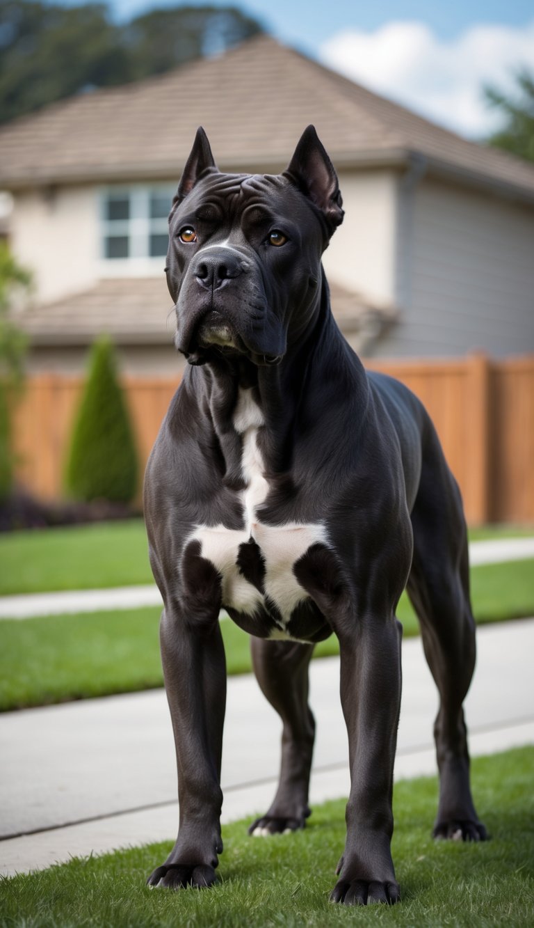 A Cane Corso dog standing alert in front of a suburban home, looking focused and protective.