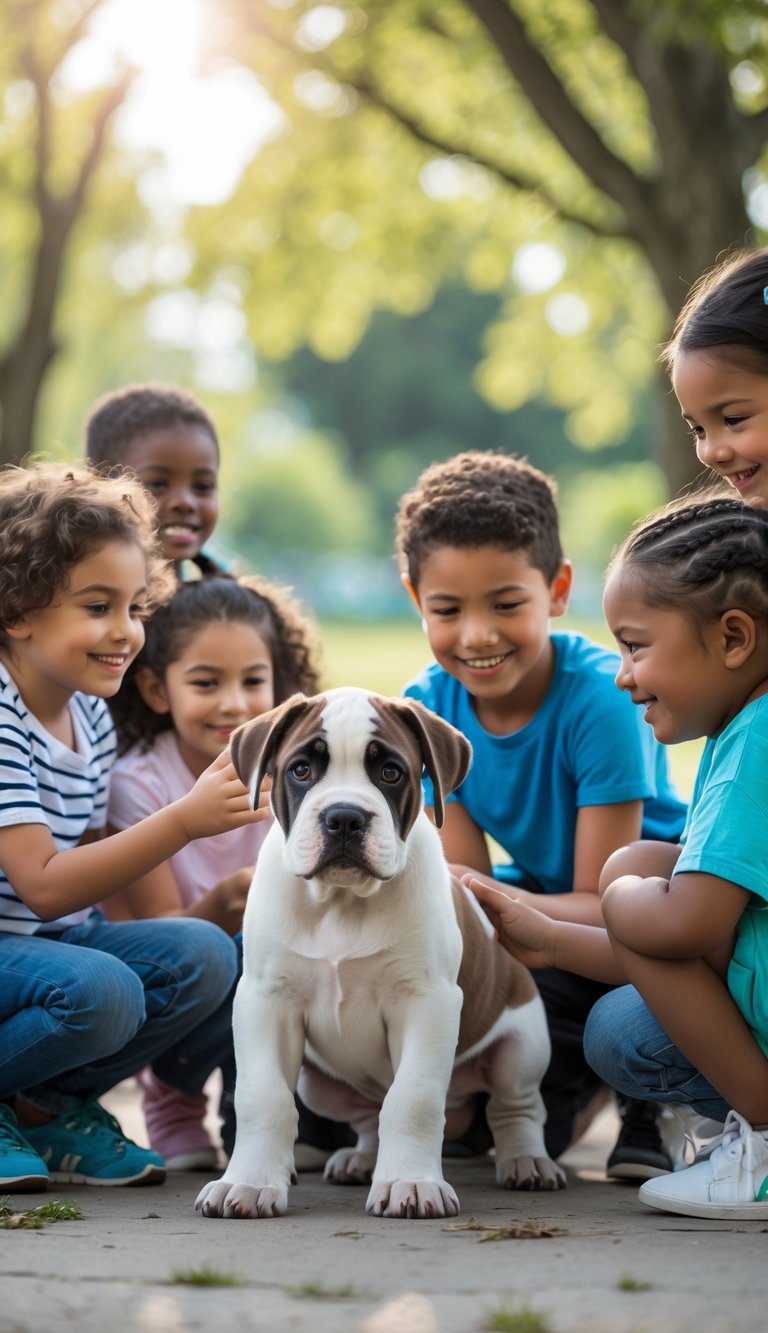 A young Cane Corso puppy playing gently with smiling children in a sunny park surrounded by green trees.