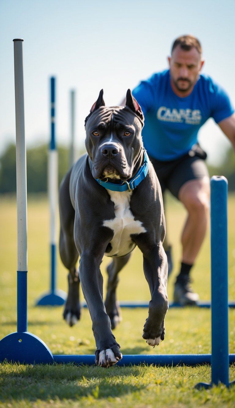 A Cane Corso dog performing agility training outdoors with a trainer in a grassy field.