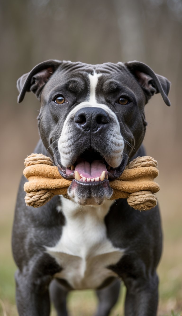A Cane Corso dog biting a chew toy outdoors, showing its strong jaws and muscular build.