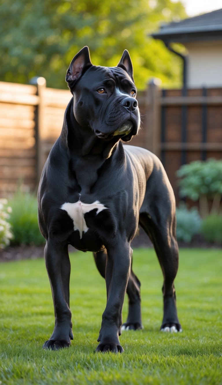 A large Cane Corso dog standing alert in a backyard with a wooden fence and garden plants.
