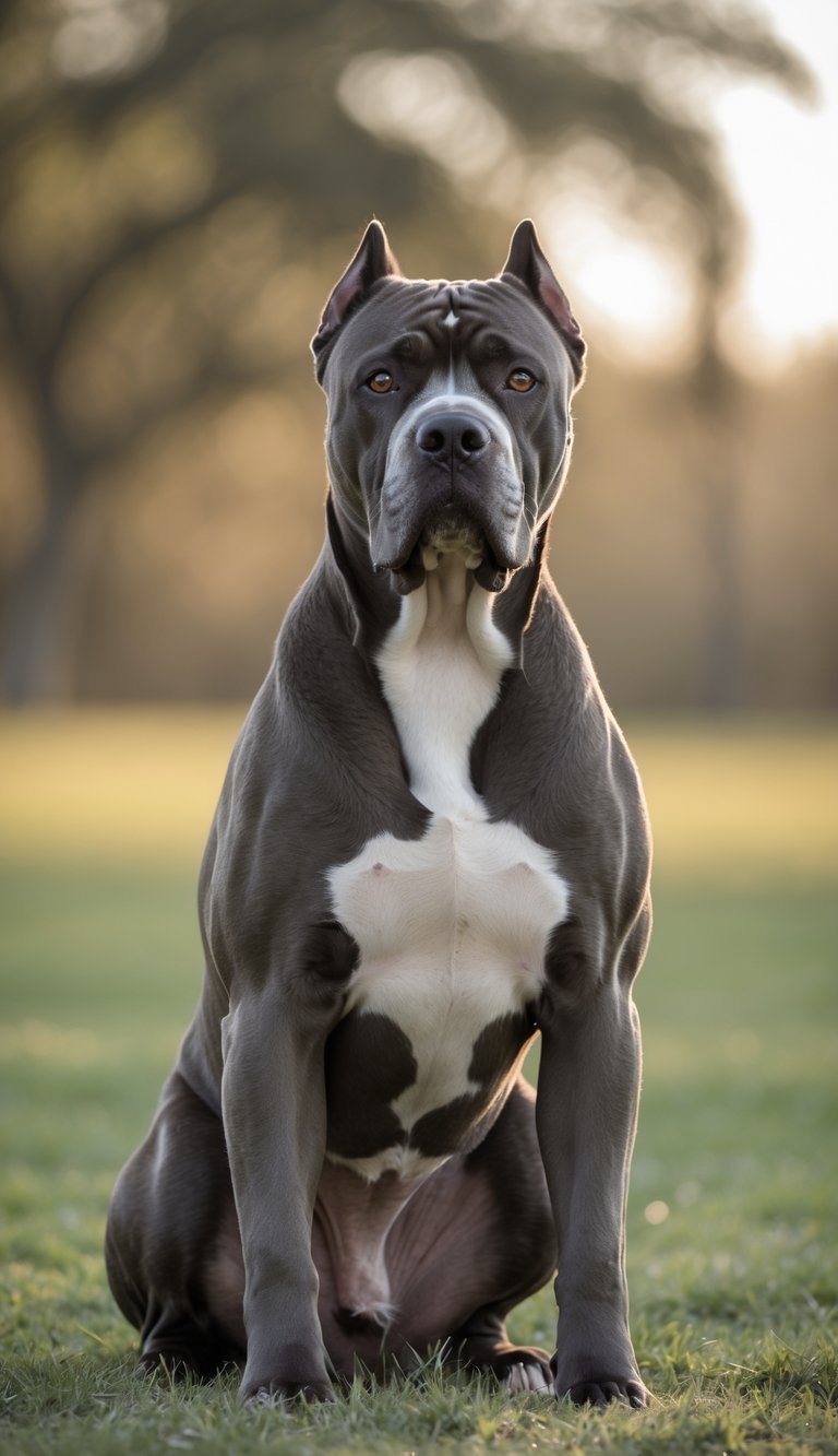 A Cane Corso dog sitting attentively on grass with a blurred natural background.