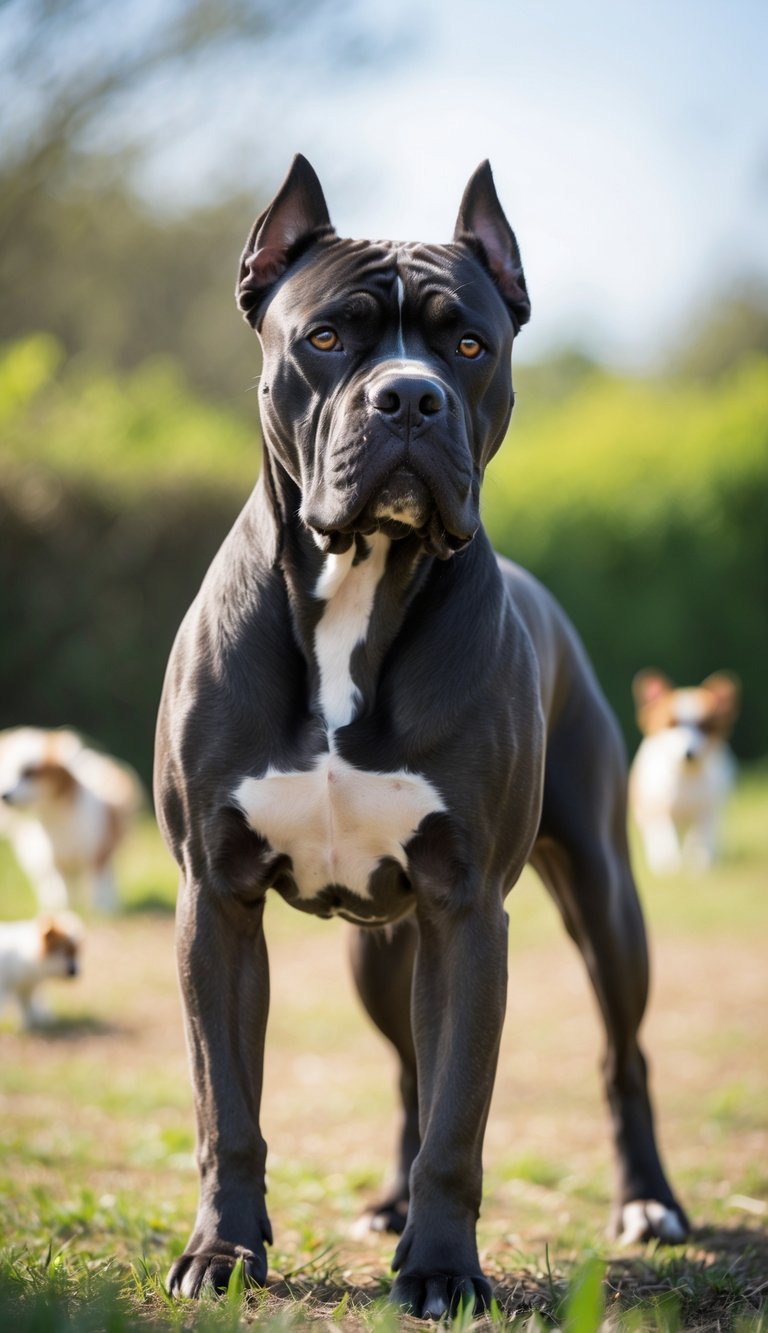 A Cane Corso dog standing alert outdoors with smaller pets visible in the background.