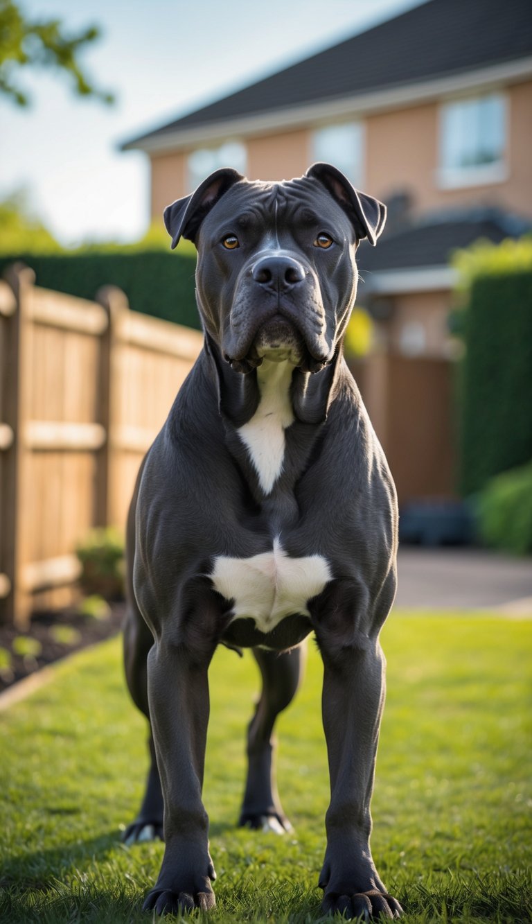 A muscular black Cane Corso dog standing alert in a backyard with a wooden fence and greenery.