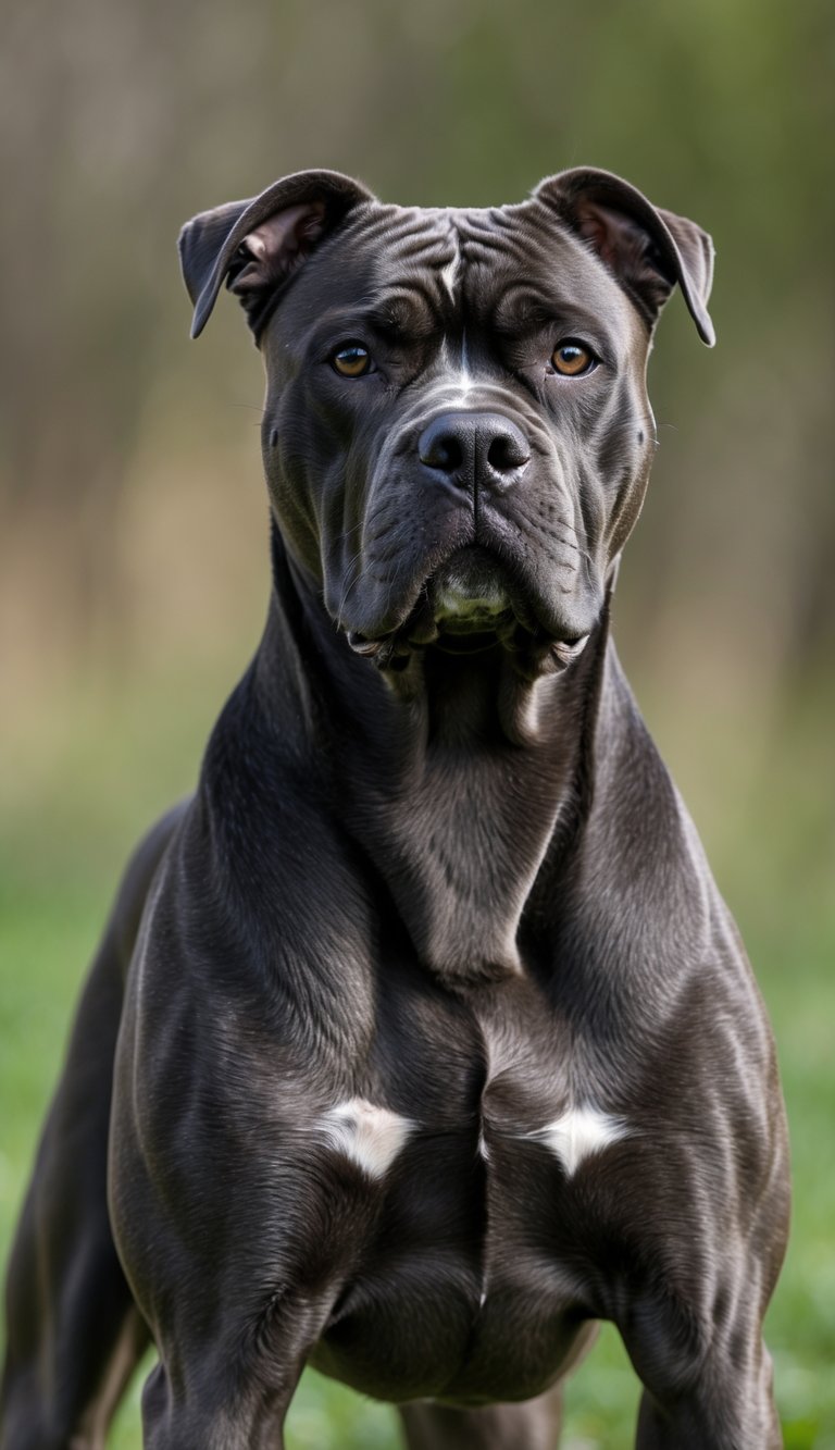 A muscular Cane Corso dog with cropped ears standing outdoors with blurred greenery in the background.