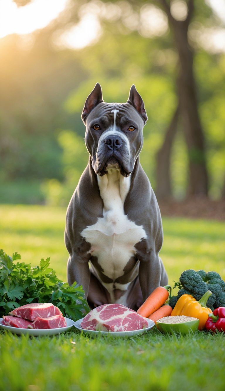 A muscular Cane Corso dog standing on green grass outdoors with fresh dog food ingredients nearby.