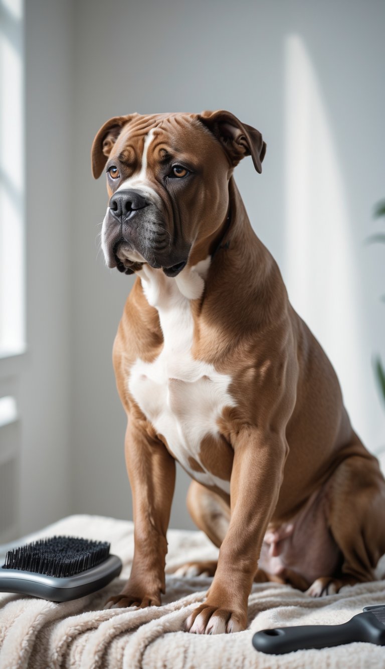 A Cane Corso dog sitting indoors next to grooming tools with a clean, shiny coat.