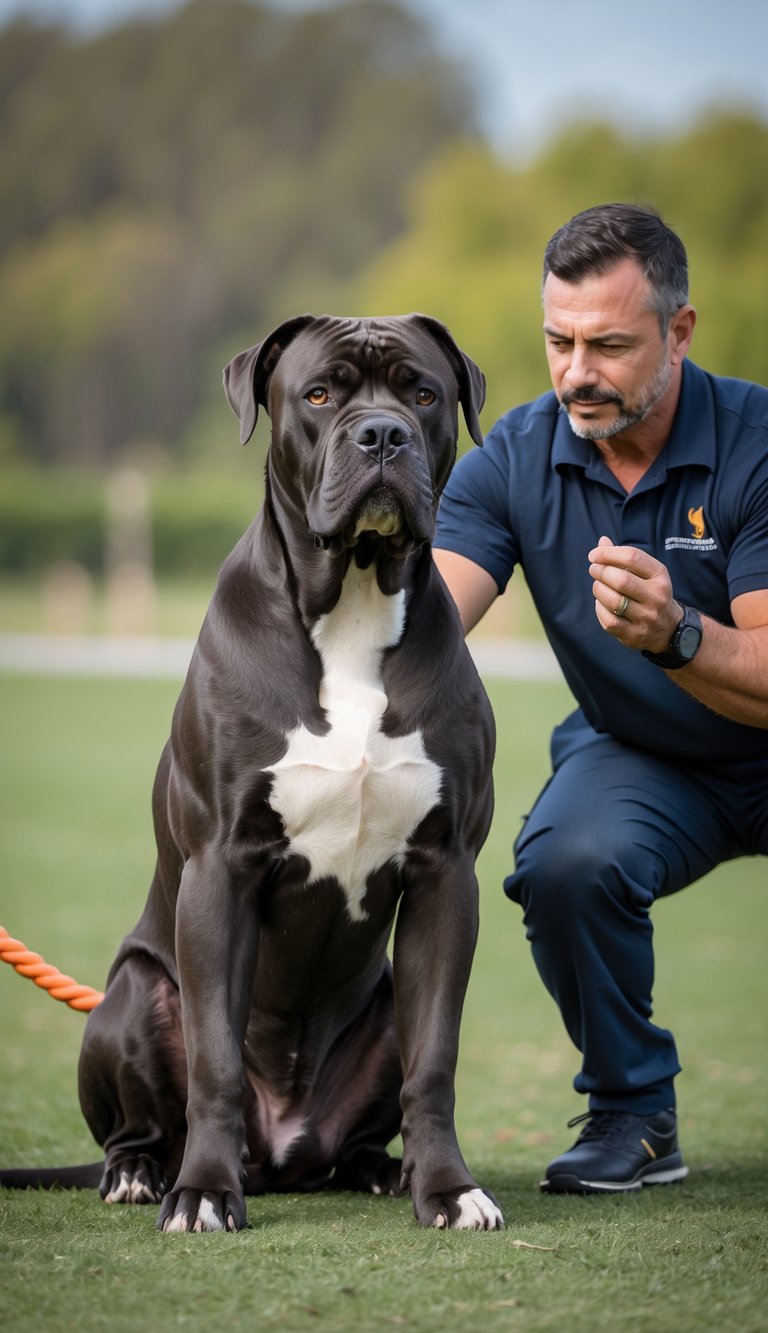 A Cane Corso dog sitting attentively while a trainer interacts with it in an outdoor park setting.